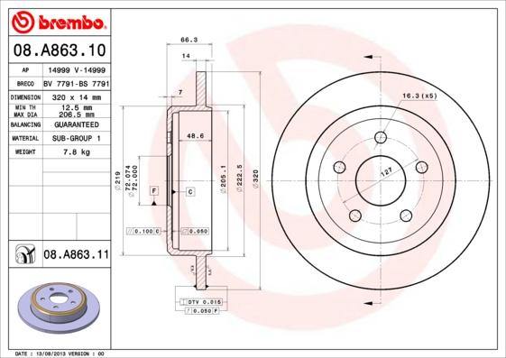 Brembo 08.A863.11 - Тормозной диск parts5.com