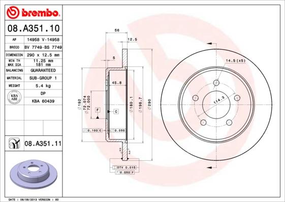 Brembo 08.A351.11 - Тормозной диск parts5.com