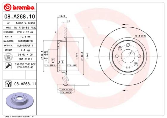 Brembo 08.A268.11 - Тормозной диск parts5.com