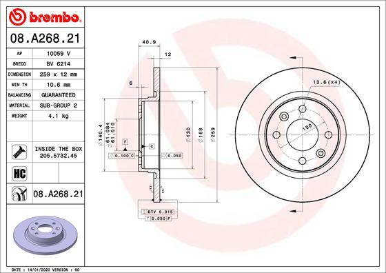 Brembo 08.A268.21 - Тормозной диск parts5.com