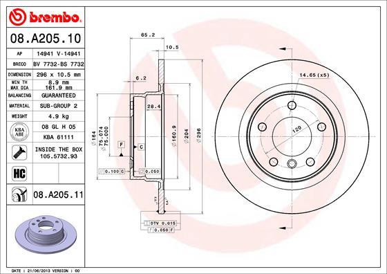 Brembo 08.A205.11 - Тормозной диск parts5.com