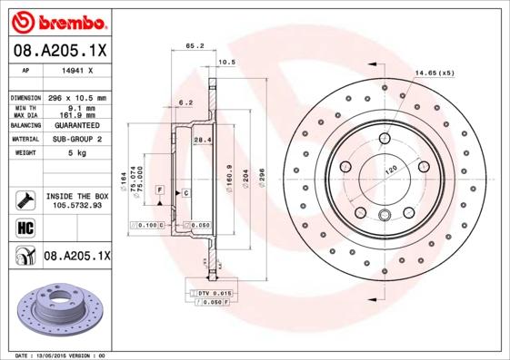 Brembo 08.A205.1X - Тормозной диск parts5.com