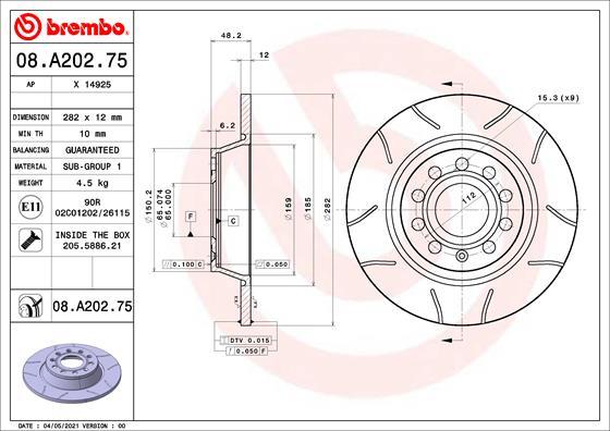 Brembo 08.A202.75 - Тормозной диск parts5.com