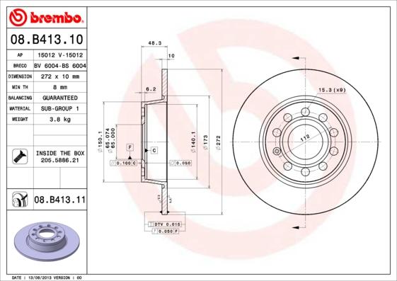 Brembo 08.B413.11 - Тормозной диск parts5.com