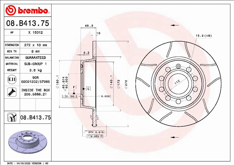 Brembo 08.B413.75 - Тормозной диск parts5.com