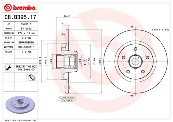 Brembo 08.B395.17 - Тормозной диск parts5.com