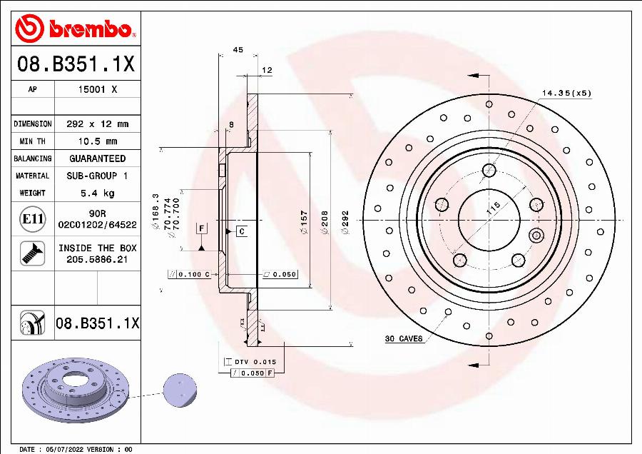 Brembo 08.B351.1X - Тормозной диск parts5.com