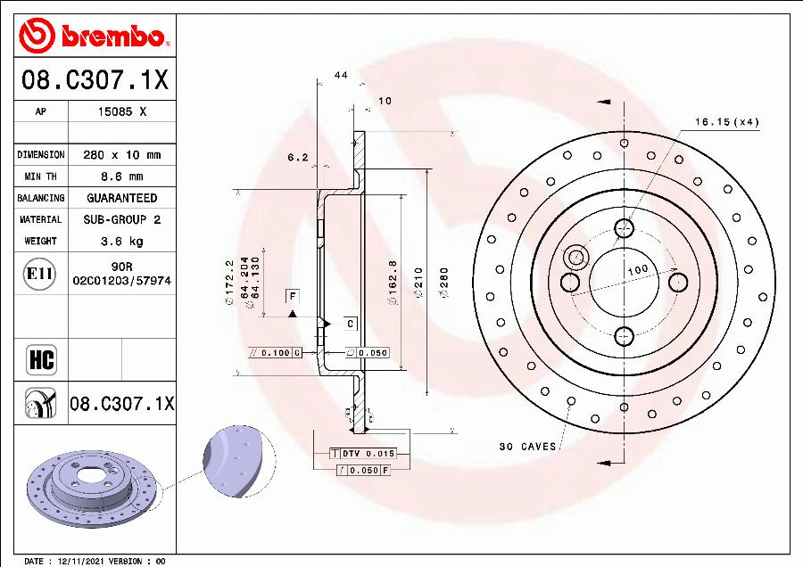 Brembo 08.C307.1X - Тормозной диск parts5.com