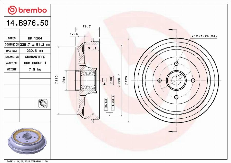 Brembo 14.B976.50 - Тормозной барабан parts5.com