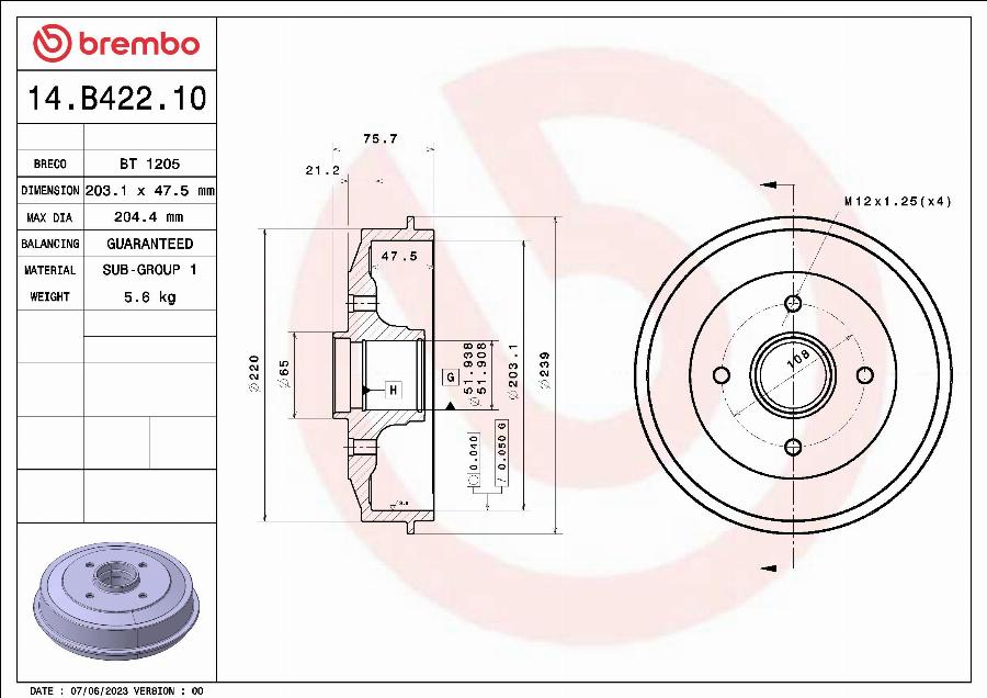 Brembo 14.B422.10 - Тормозной барабан parts5.com