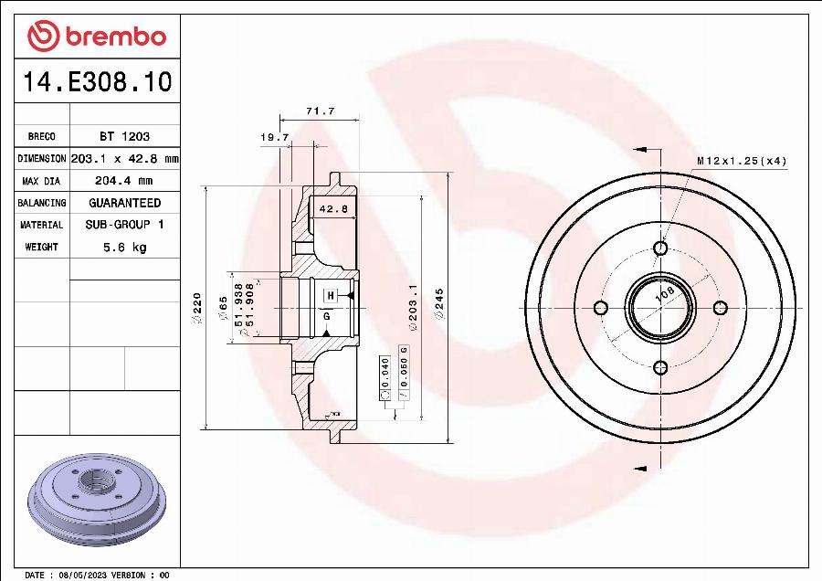 Brembo 14.E308.10 - Тормозной барабан parts5.com