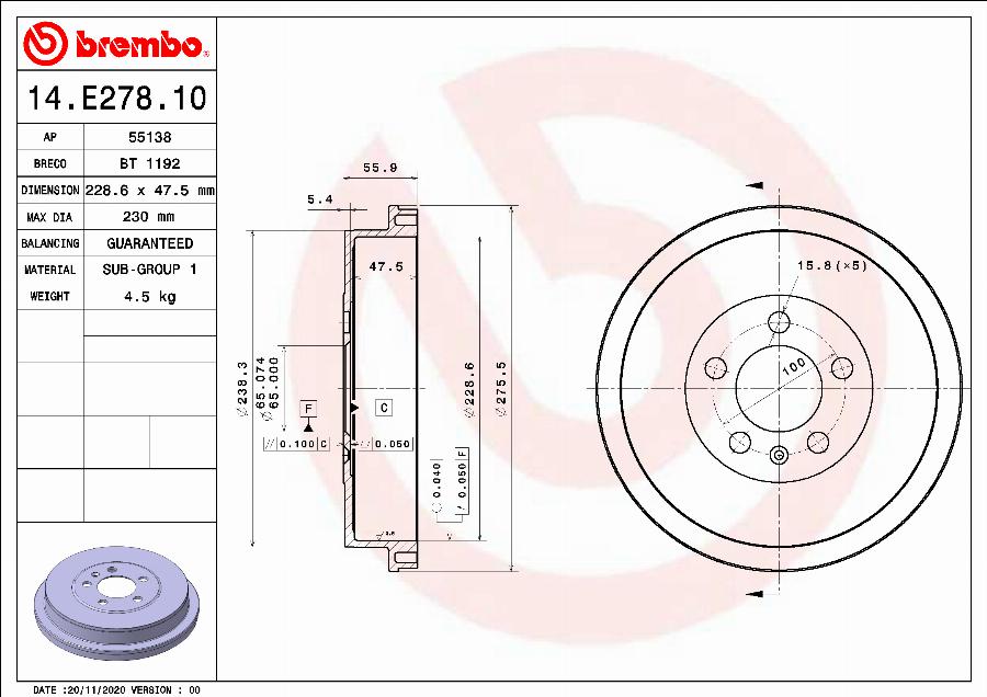 Brembo 14.E278.10 - Тормозной барабан parts5.com