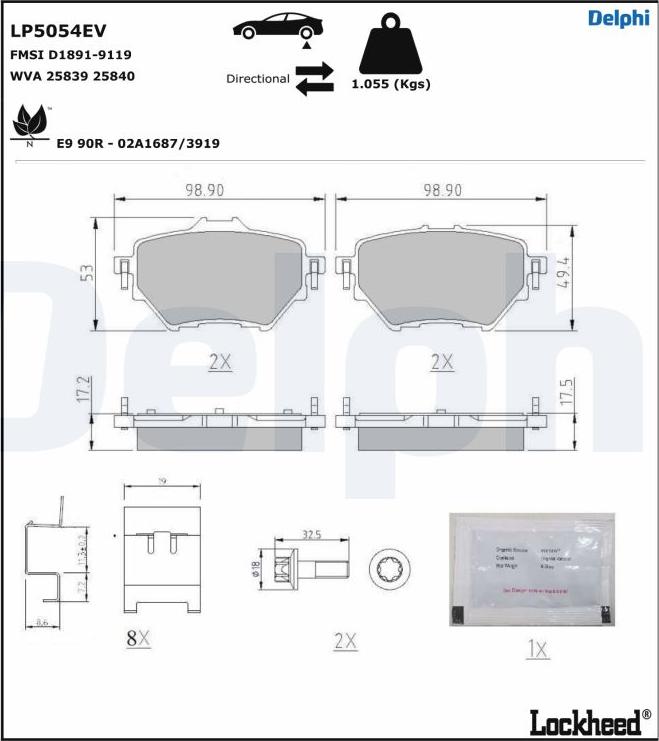 Delphi LP5054EV - Тормозные колодки, дисковые, комплект parts5.com