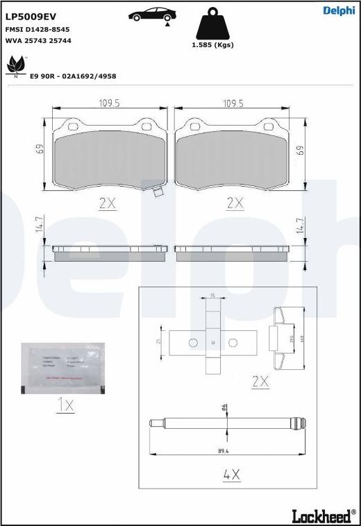 Delphi LP5009EV - Тормозные колодки, дисковые, комплект parts5.com