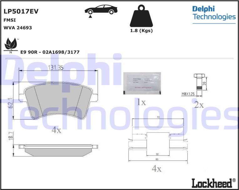 Delphi LP5017EV - Тормозные колодки, дисковые, комплект parts5.com