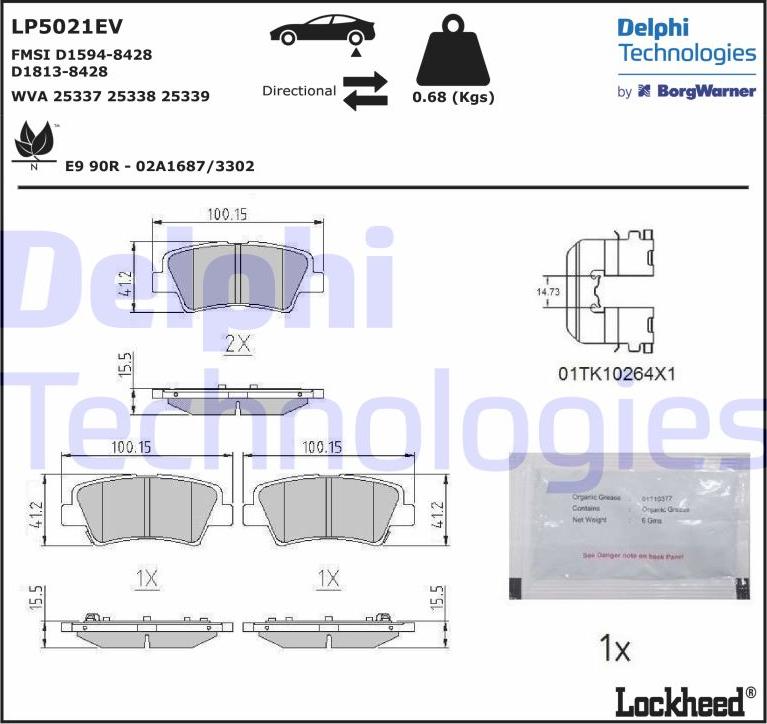 Delphi LP5021EV - Тормозные колодки, дисковые, комплект parts5.com