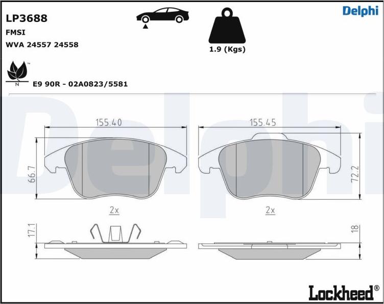 Delphi LP3688 - Тормозные колодки, дисковые, комплект parts5.com