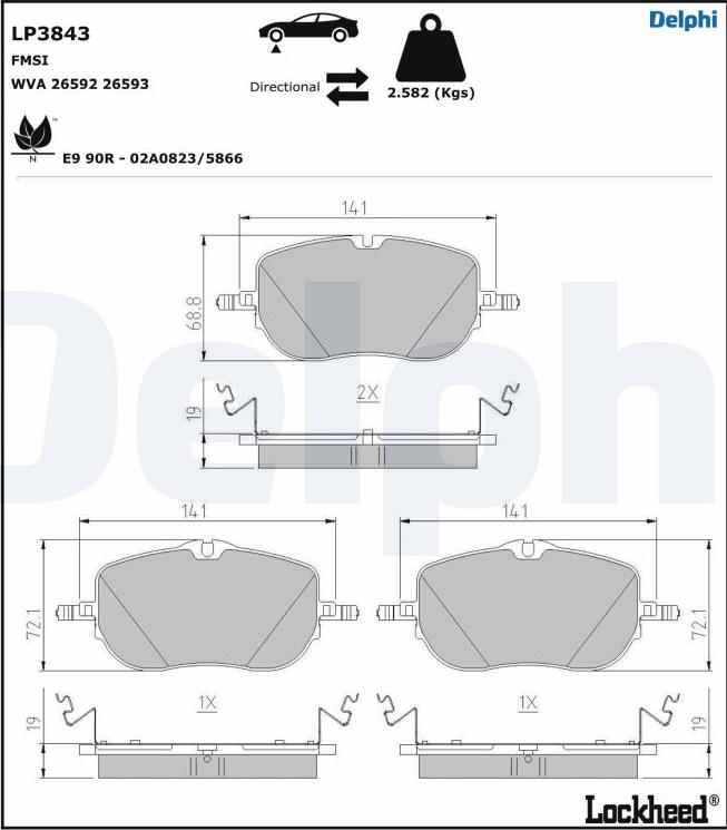 Delphi LP3843 - Тормозные колодки, дисковые, комплект parts5.com