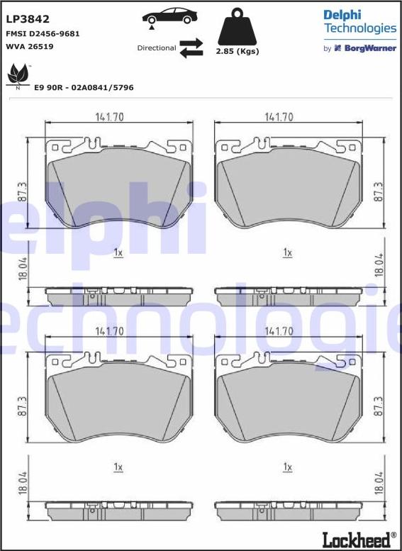 Delphi LP3842 - Тормозные колодки, дисковые, комплект parts5.com