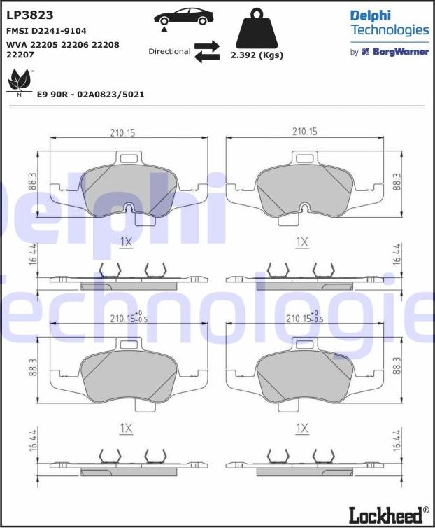 Delphi LP3823 - Тормозные колодки, дисковые, комплект parts5.com