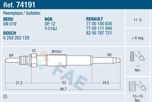 FAE 74191 - Свеча накаливания parts5.com