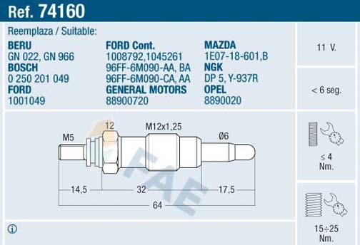 FAE 74160 - Свеча накаливания parts5.com