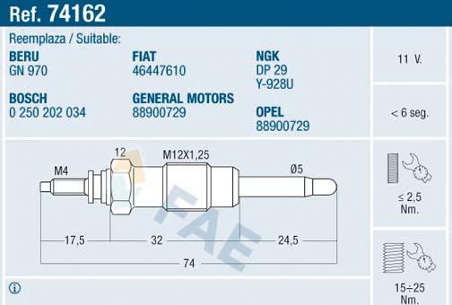 FAE 74162 - Свеча накаливания parts5.com