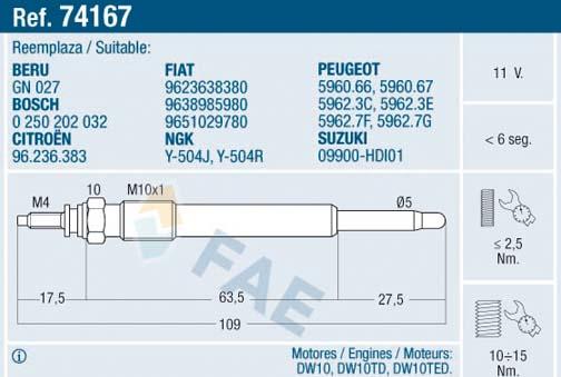 FAE 74167 - Свеча накаливания parts5.com