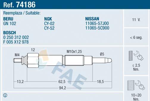 FAE 74186 - Свеча накаливания parts5.com