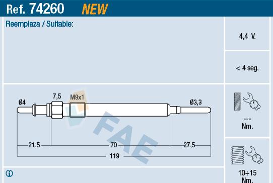 FAE 74260 - Свеча накаливания parts5.com