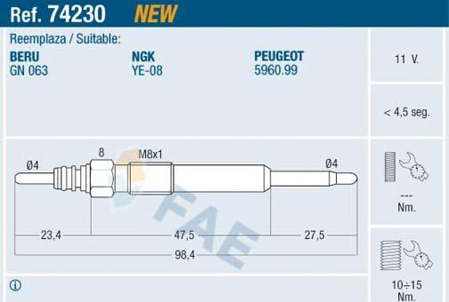 FAE 74230 - Свеча накаливания parts5.com