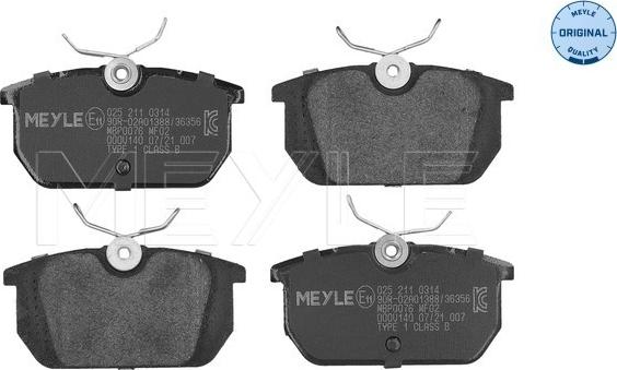Meyle 025 211 0314 - Тормозные колодки, дисковые, комплект parts5.com