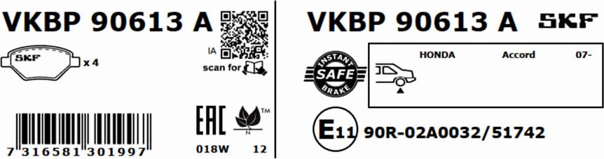 SKF VKBP 90613 A - Тормозные колодки, дисковые, комплект parts5.com