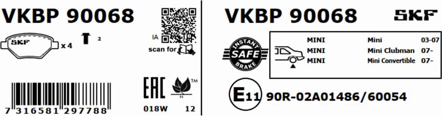 SKF VKBP 90068 - Тормозные колодки, дисковые, комплект parts5.com