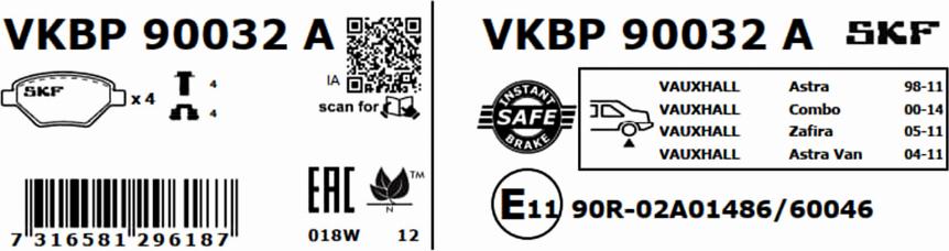 SKF VKBP 90032 A - Тормозные колодки, дисковые, комплект parts5.com