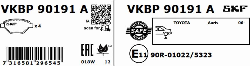 SKF VKBP 90191 A - Тормозные колодки, дисковые, комплект parts5.com