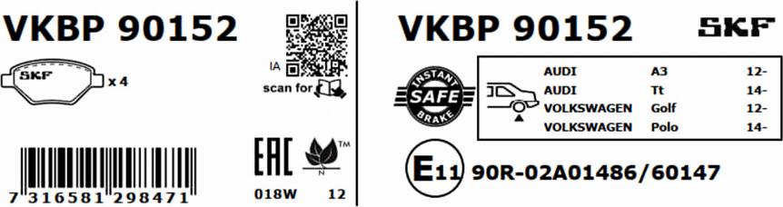 SKF VKBP 90152 - Тормозные колодки, дисковые, комплект parts5.com