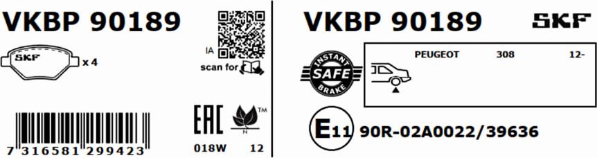 SKF VKBP 90189 - Тормозные колодки, дисковые, комплект parts5.com