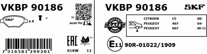 SKF VKBP 90186 - Тормозные колодки, дисковые, комплект parts5.com