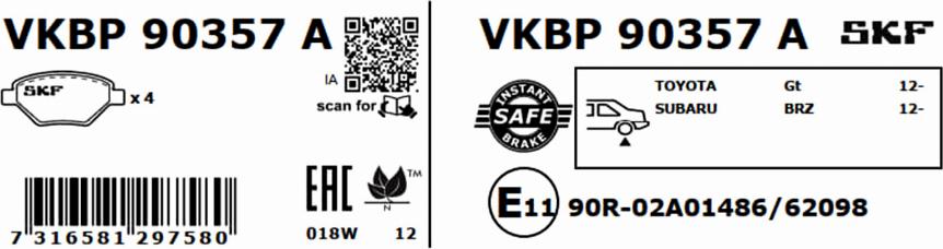 SKF VKBP 90357 A - Тормозные колодки, дисковые, комплект parts5.com