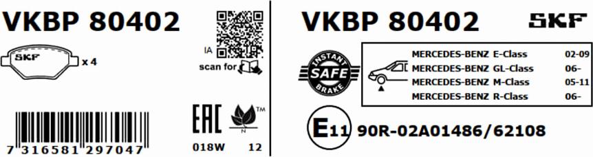 SKF VKBP 80402 - Тормозные колодки, дисковые, комплект parts5.com