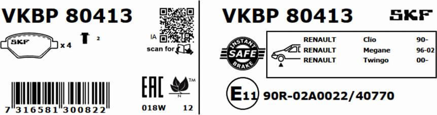 SKF VKBP 80413 - Тормозные колодки, дисковые, комплект parts5.com