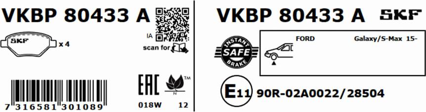 SKF VKBP 80433 A - Тормозные колодки, дисковые, комплект parts5.com