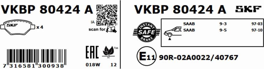 SKF VKBP 80424 A - Тормозные колодки, дисковые, комплект parts5.com