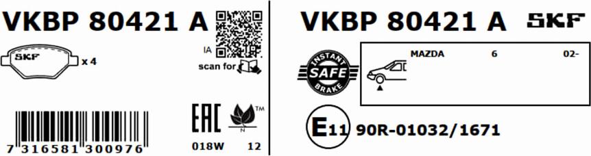 SKF VKBP 80421 A - Тормозные колодки, дисковые, комплект parts5.com