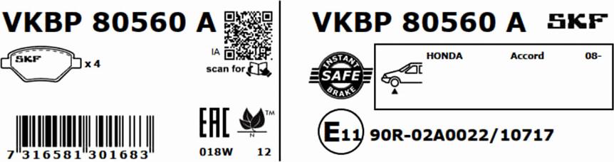 SKF VKBP 80560 A - Тормозные колодки, дисковые, комплект parts5.com