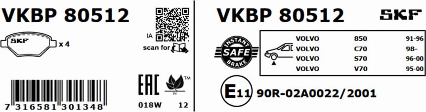 SKF VKBP 80512 - Тормозные колодки, дисковые, комплект parts5.com