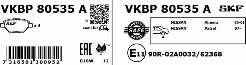 SKF VKBP 80535 A - Тормозные колодки, дисковые, комплект parts5.com