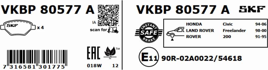 SKF VKBP 80577 A - Тормозные колодки, дисковые, комплект parts5.com