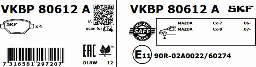 SKF VKBP 80612 A - Тормозные колодки, дисковые, комплект parts5.com